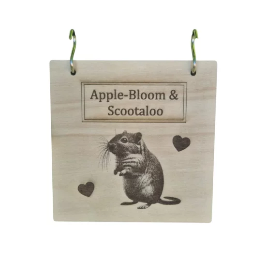 Plaque en bois personnalisable pour rongeurs, gravée avec prénom et motif, fabriquée en bois naturel issu de forêts durables.