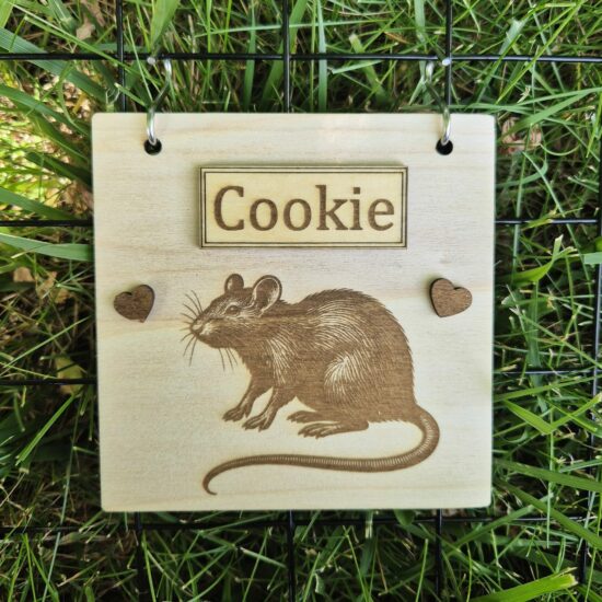 Plaque en bois personnalisable pour rat, gravée avec prénom et motif, fabriquée en bois naturel issu de forêts durables.