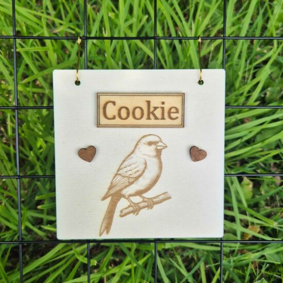 Plaque en bois personnalisable pour oiseaux, gravée avec prénom et motif, fabriquée en bois naturel issu de forêts durables.