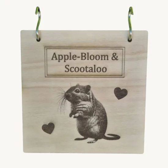 Plaque en bois personnalisable pour rongeurs, gravée avec prénom et motif, fabriquée en bois naturel issu de forêts durables.